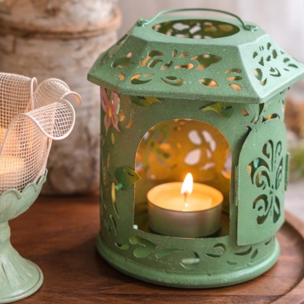 Vintage Style Green Metal Lantern Tea Light Garden Floral Cottage Butterflies